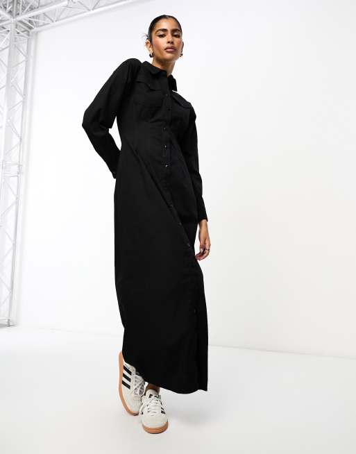 ASOS DESIGN - Vestito camicia lungo in twill nero