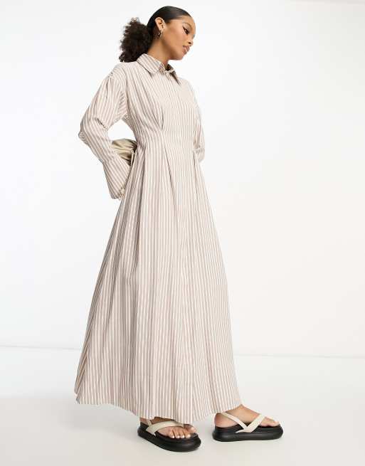 ASOS DESIGN - Vestito camicia lungo marrone a righe con pinces in vita, 3 di 4