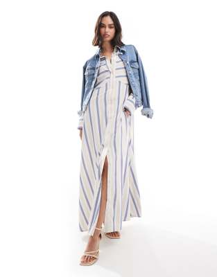 ASOS DESIGN - Vestito camicia lungo oversize color pietra a righe blu con doppia cucitura in vita