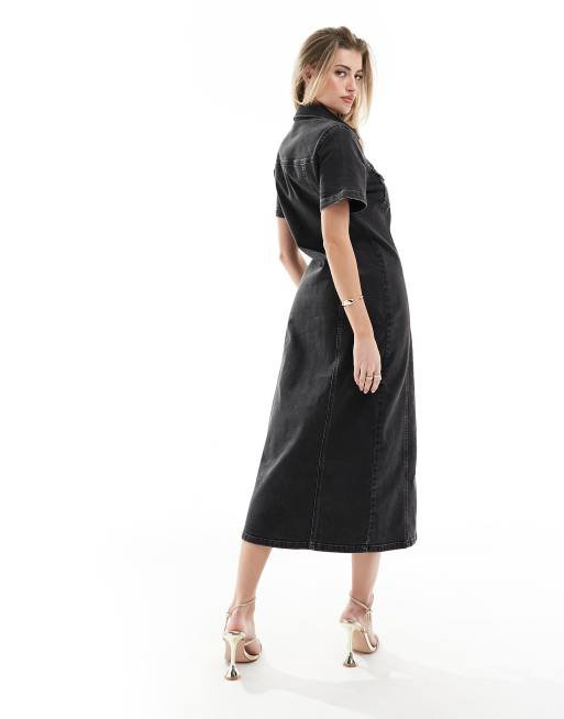 ASOS DESIGN - Vestito camicia midi aderente in denim lavaggio nero, 3 di 4