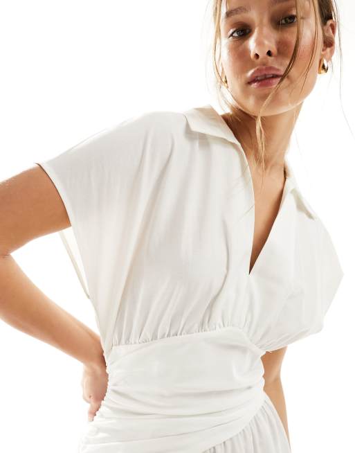 ASOS DESIGN - Vestito camicia midi bianco con vita avvolgente e colletto con rever, 2 di 4