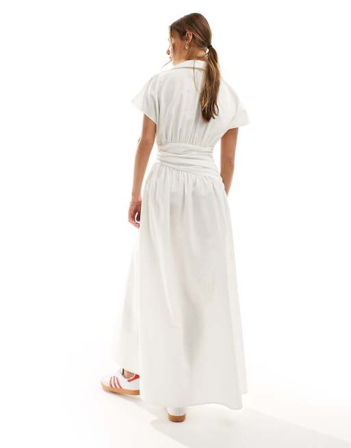 ASOS DESIGN - Vestito camicia midi bianco con vita avvolgente e colletto con rever, 4 di 4