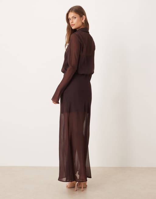 ASOS DESIGN - Vestito camicia midi color cioccolato trasparente, 4 di 4