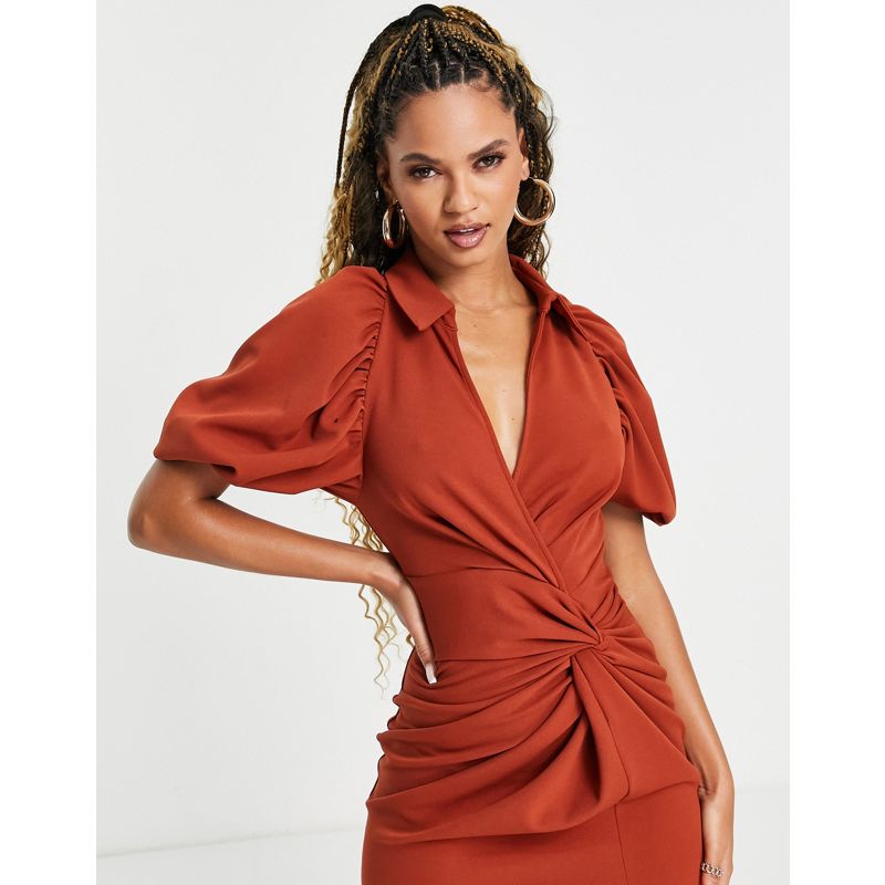 Donna 6Un5J DESIGN - Vestito camicia midi con dettaglio avvolgente color ruggine