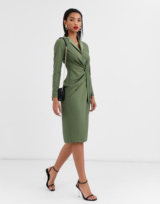 ASOS DESIGN - Vestito camicia midi con intreccio sul davanti e scollo profondo kaki
