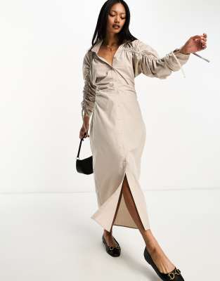 ASOS DESIGN - Vestito camicia midi in cotone color visone con dettaglio raccolto con coulisse