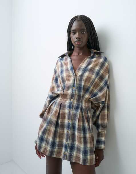 ASOS DESIGN vestito camicia mini con vita stretta a quadri blu e marrone chiaro - view 1