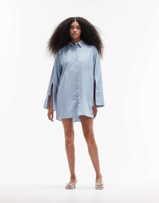 ASOS DESIGN - Vestito camicia oversize blu a righe con maniche a mantella, 4 di 5