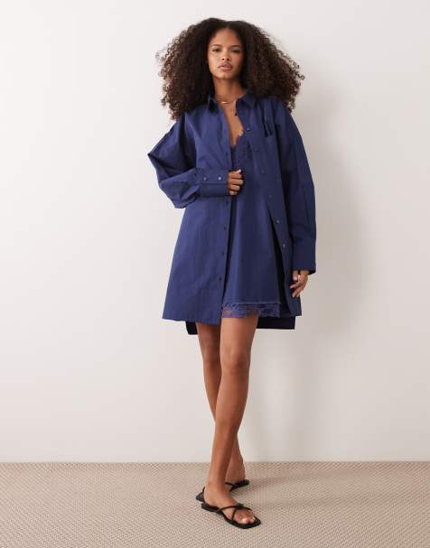 ASOS DESIGN - Vestito camicia oversize in popeline blu navy in coordinato - view 1