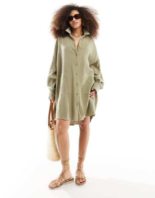 ASOS DESIGN - Vestito camicia oversize in tessuto doppio con tasche kaki, 4 di 4
