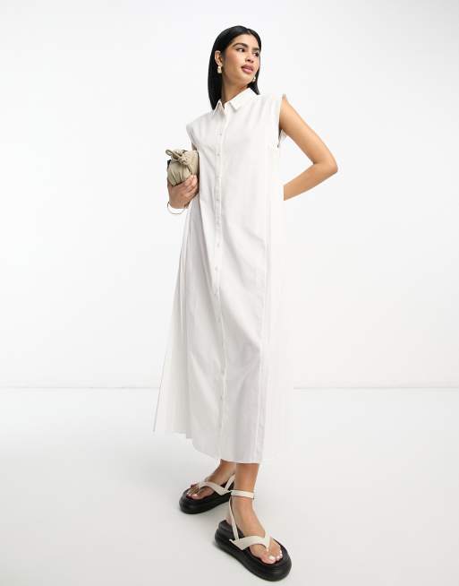 ASOS DESIGN - Vestito camicia oversize midi a trapezio in cotone con dettaglio a pieghe bianco