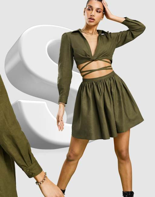 ASOS DESIGN - Vestito camicia skater corto in lino verde kaki con lacci e apertura sulla vita