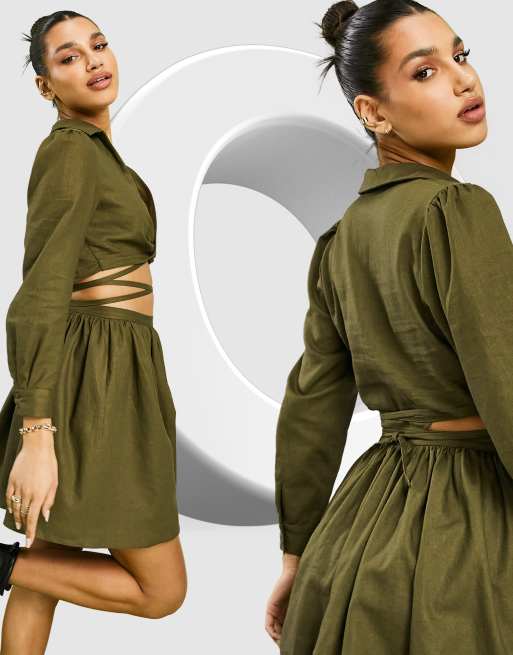 ASOS DESIGN - Vestito camicia skater corto in lino verde kaki con lacci e apertura sulla vita, 3 di 4