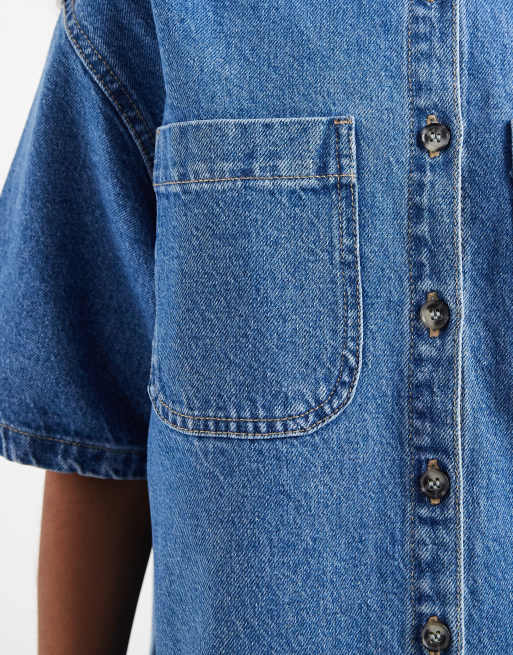 ASOS DESIGN - Vestito camicia squadrato in denim blu medio con tasche, 3 di 4