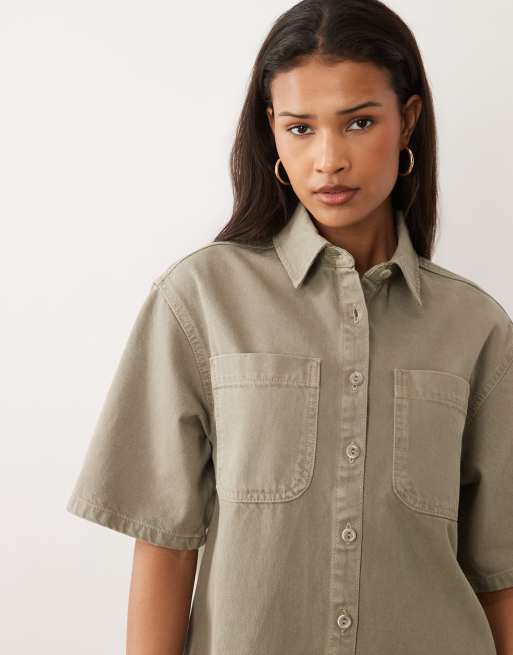 ASOS DESIGN - Vestito camicia squadrato in denim kaki con tasche, 3 di 4