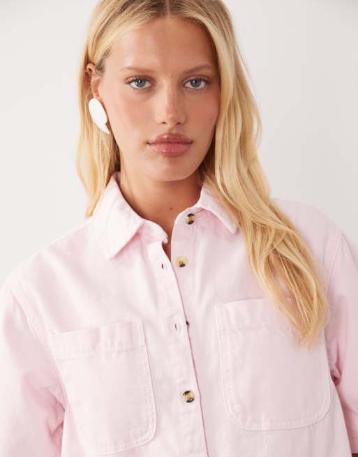 ASOS DESIGN - Vestito camicia squadrato in denim rosa con tasche, 4 di 4