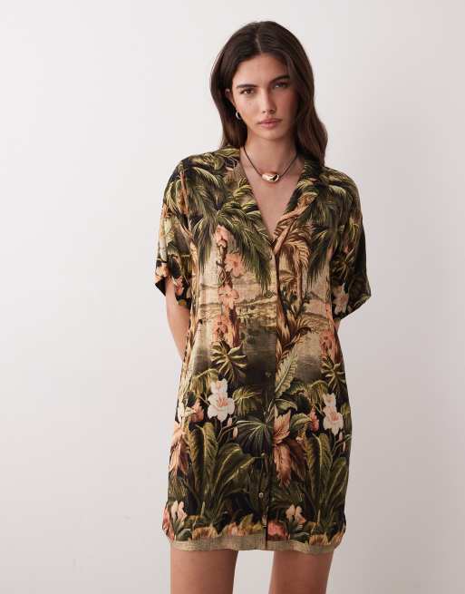 ASOS DESIGN - Vestito camicia stile bowling con stampa tropicale vintage, 2 di 4