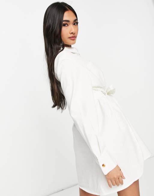 ASOS DESIGN - Vestito chemisier oversize di jeans morbido bianco con cintura, 3 di 4