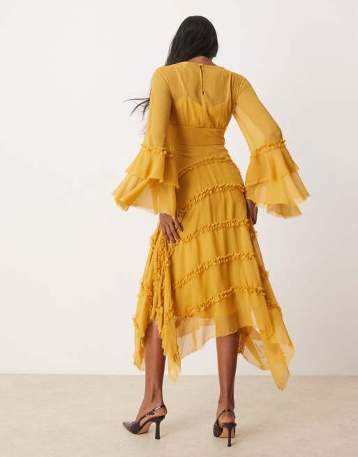 ASOS DESIGN - Vestito color ocra con volant, maniche voluminose e fondo asimmetrico, 2 di 4