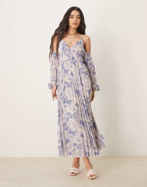 ASOS DESIGN - Vestito con gonna al polpaccio a pieghe bardot con scollo profondo a fiori - view 1
