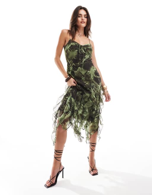 ASOS DESIGN Vestito con gonna al polpaccio con stampa pitonata spalline sottili e laccio sul busto ASOS