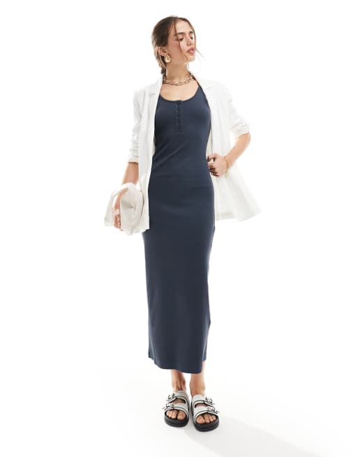 ASOS DESIGN - Vestito con gonna al polpaccio e scollo ampio sul retro blu scuro a coste con bottoni