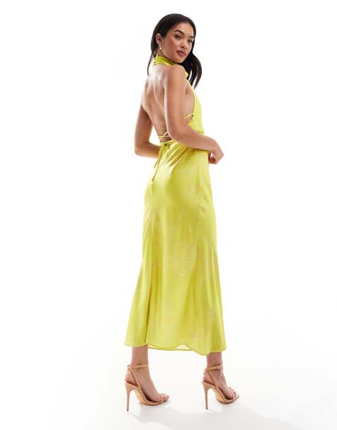 ASOS DESIGN - Vestito con gonna al polpaccio in raso color lime con stampa a fiori oversize allacciato in vita e con scollo ad anello - view 1