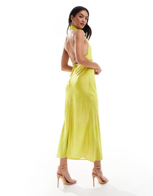 ASOS DESIGN - Vestito con gonna al polpaccio in raso color lime con stampa a fiori oversize allacciato in vita e con scollo ad anello