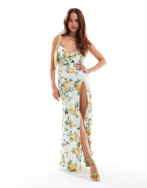 ASOS DESIGN - Vestito con gonna al polpaccio in raso con inserti in pizzo con apertura a goccia a fiori color menta