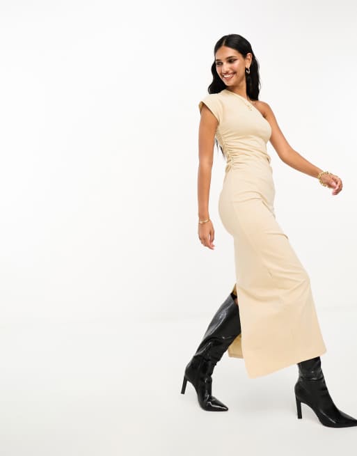 ASOS DESIGN - Vestito con gonna al polpaccio monospalla color pietra arricciato ai lati