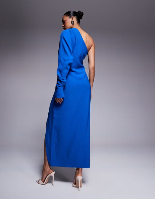 ASOS DESIGN - Vestito con gonna al polpaccio monospalla drappeggiato blu acceso, 3 di 4