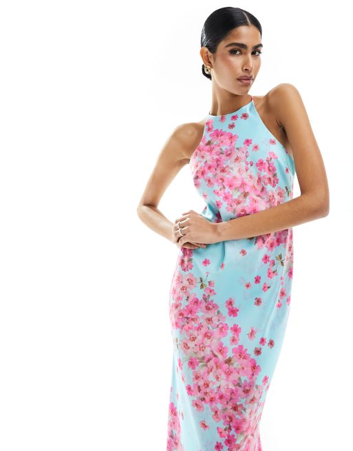 ASOS DESIGN Vestito con gonna al polpaccio taglio sbieco e scollo all americana in raso con stampa a fiori astratti ASOS