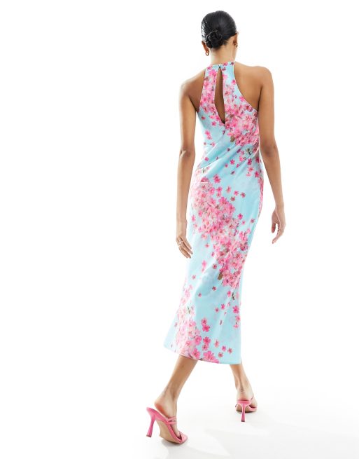 ASOS DESIGN Vestito con gonna al polpaccio taglio sbieco e scollo all americana in raso con stampa a fiori astratti ASOS