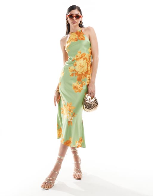 ASOS DESIGN - Vestito con gonna al polpaccio taglio sbieco e scollo all'americana in raso con stampa a fiori astratti