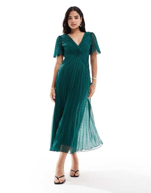 ASOS DESIGN - Vestito con gonna al polpaccio verde bottiglia avvolgente a pieghe plumetis metallizzato con scollo profondo e maniche a pipistrello
