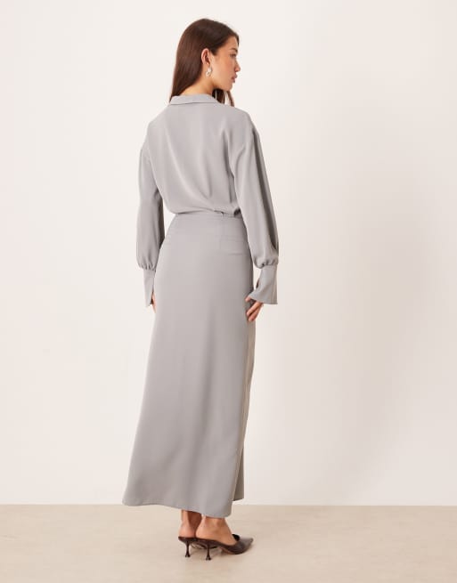 ASOS DESIGN - Vestito con gonna midi longuette e camicia drappeggiata grigio, 4 di 4