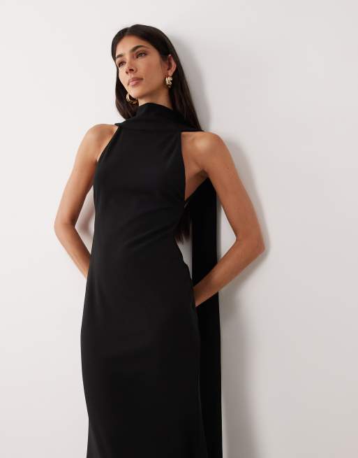 ASOS DESIGN - Vestito con sciarpa in crêpe nera in tessuto scuba con scollo profondo sul retro, 2 di 4
