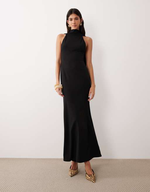 ASOS DESIGN - Vestito con sciarpa in crêpe nera in tessuto scuba con scollo profondo sul retro, 3 di 4