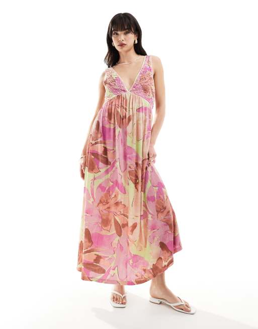 ASOS DESIGN - Vestito con scollo a V e gonna a ruota al polpaccio a fiori
