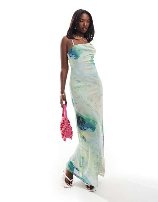 ASOS DESIGN - Vestito con spalline sottili asimmetriche e gonna al polpaccio verde con dettaglio raccolto e stampa a macchie