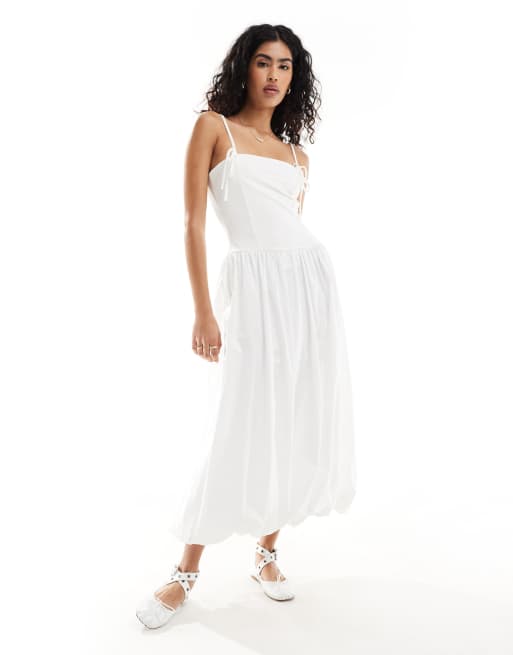 ASOS DESIGN - Vestito con spalline sottili e vita scesa con gonna al polpaccio in popeline e orlo a palloncino monocromatico