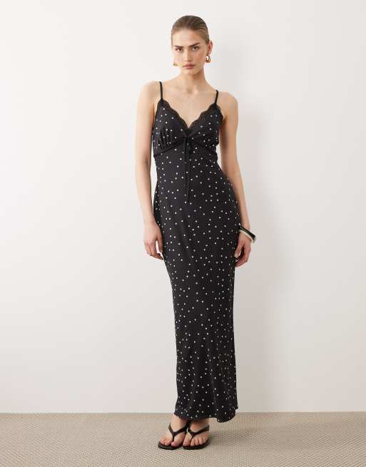 ASOS DESIGN - Vestito con spalline sottili in rete a pois con dettagli in pizzo, 1 di 4