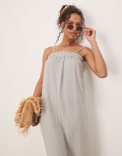 ASOS DESIGN - Vestito con spalline sottili lungo a trapezio color avorio a righe, 3 di 4