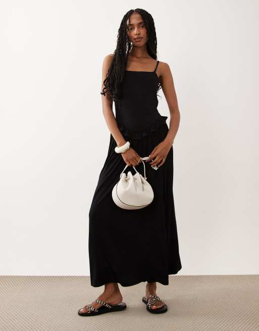 ASOS DESIGN - Vestito con spalline sottili midi nero con scollo dritto e volant in vita, 2 di 4