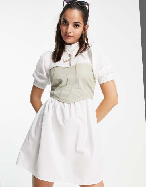 ASOS DESIGN - Vestito corto 2 in 1 bianco stile corsetto in popeline di cotone