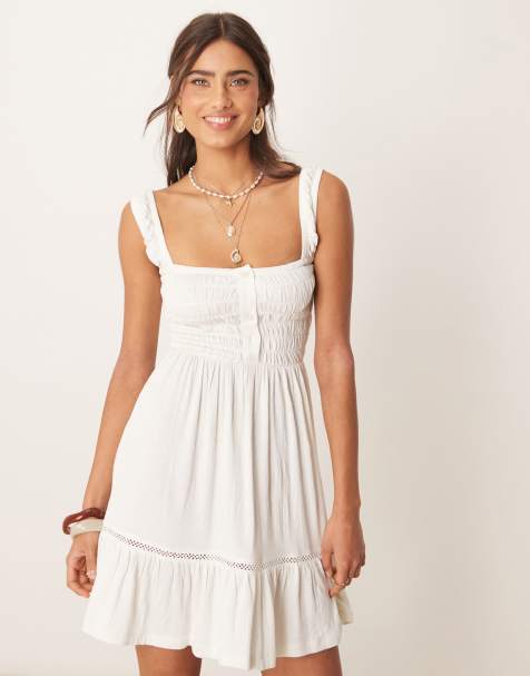 ASOS DESIGN - Vestito corto a balze bianco arricciato con scollo squadrato e inserti in pizzo - view 1