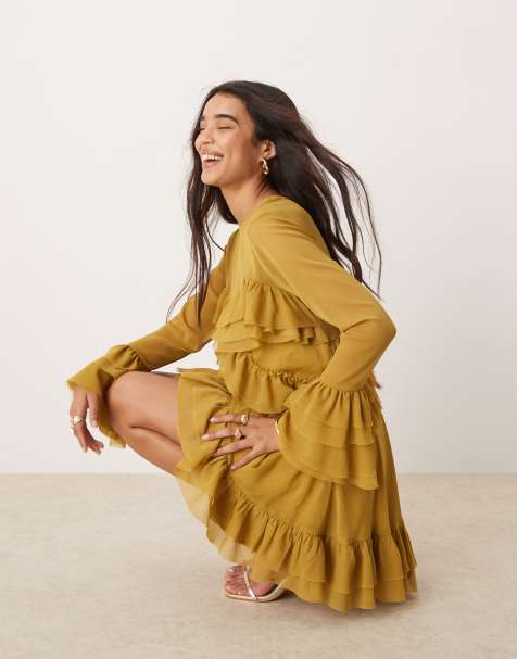 ASOS DESIGN - Vestito corto a balze color ocra a maniche lunghe con volant - view 1