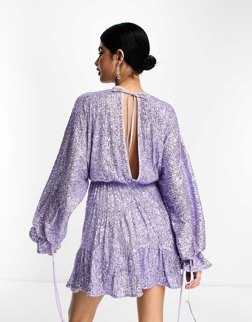ASOS DESIGN - Vestito corto a balze con laccetti lilla decorato con paillettes, 2 di 4