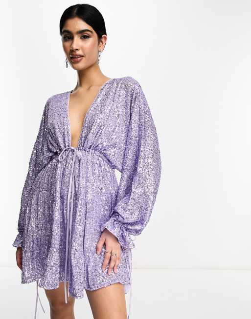 ASOS DESIGN - Vestito corto a balze con laccetti lilla decorato con paillettes, 4 di 4