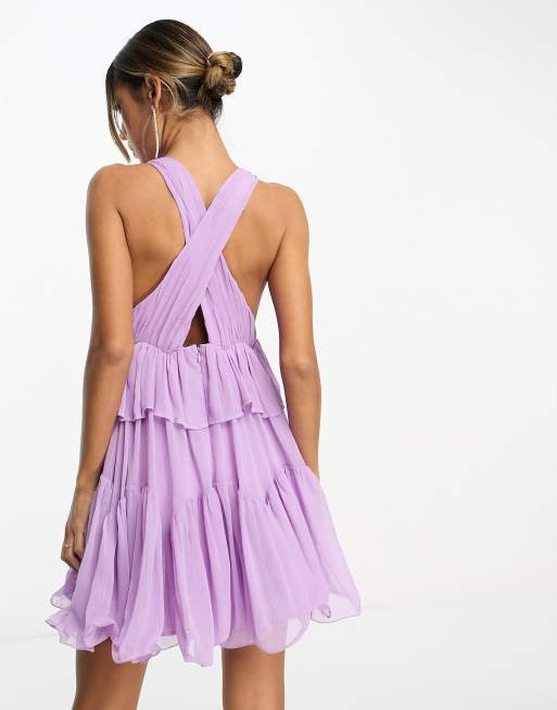 ASOS DESIGN - Vestito corto a balze e pieghe viola con scollo profondo, 4 di 4